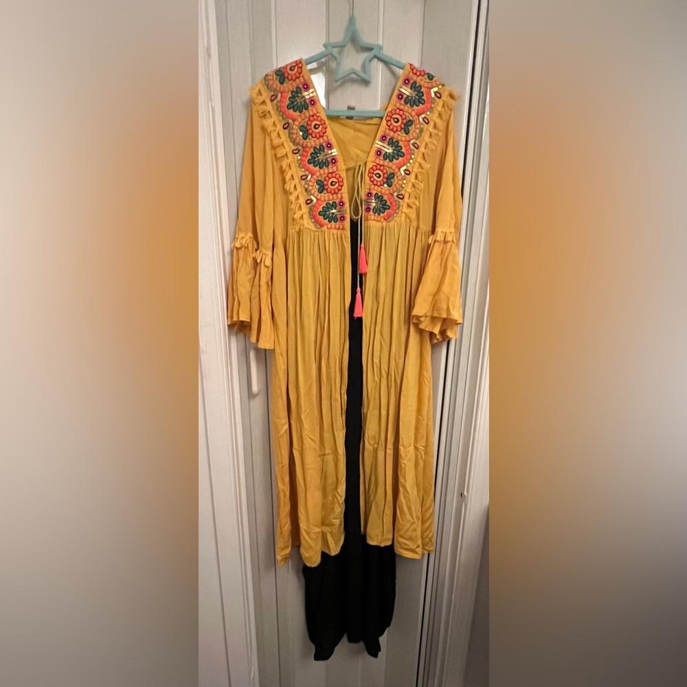 Yellow Embroidered Kimono with Tassels